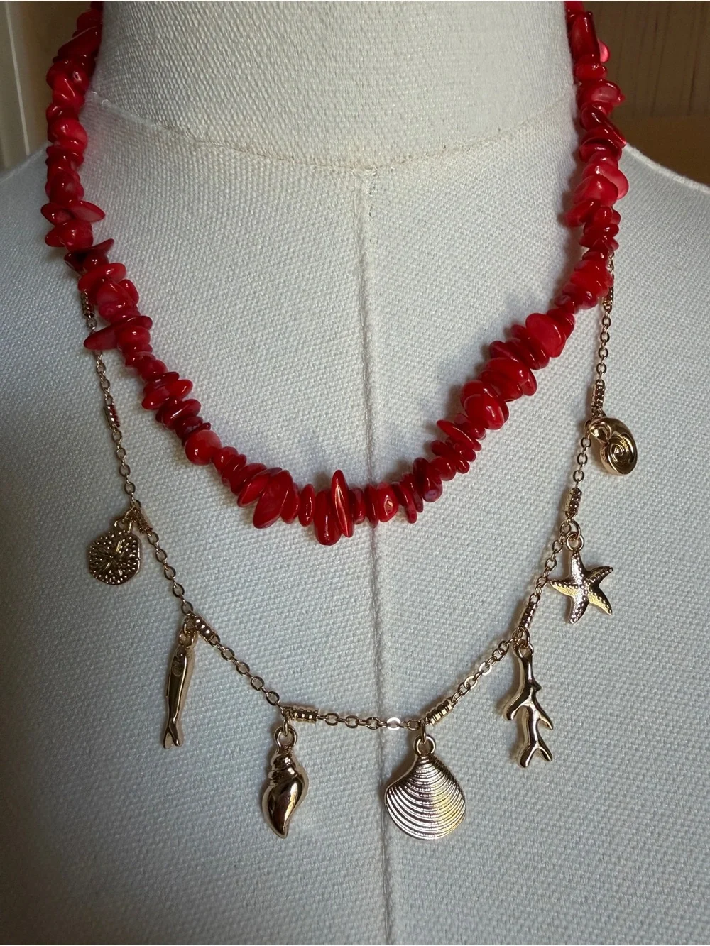 Time and Tru Red Coral Beaded Layered Beach Charm Coastal Necklace